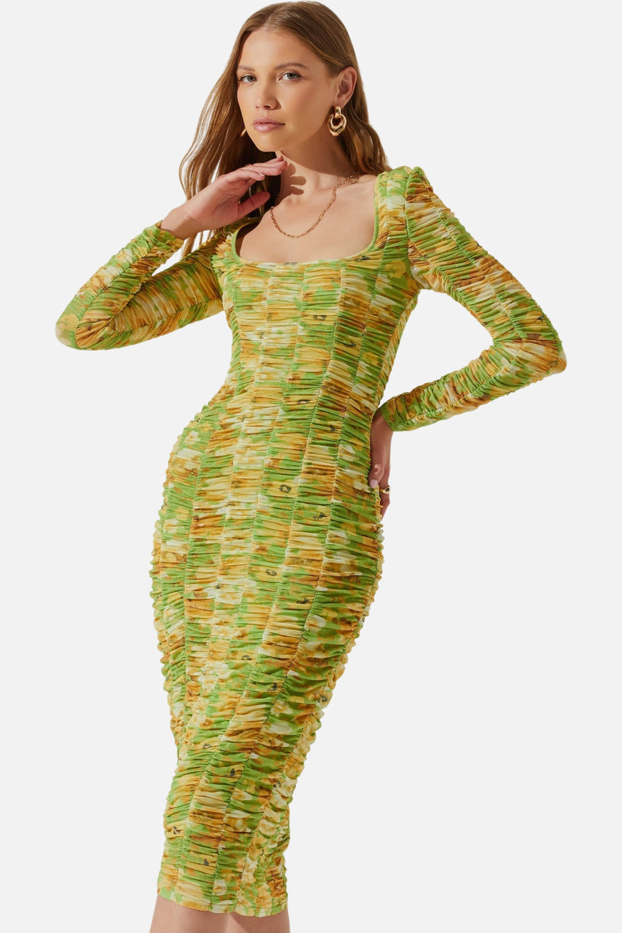ASTR The Label Yelina Ruched Long Sleeve Midi Dress in Lime Yellow – side view