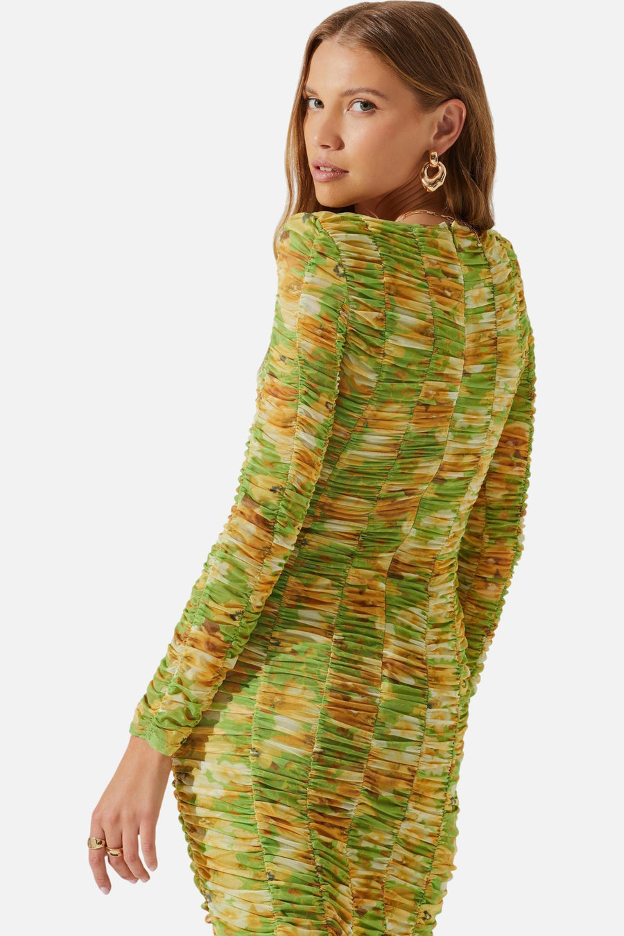 ASTR The Label Yelina Ruched Long Sleeve Midi Dress in Lime Yellow – side view