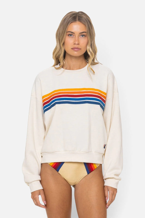 Aviator Nation 5 Stripe Crew Relaxed Crew Sweatshirt in Vintage White