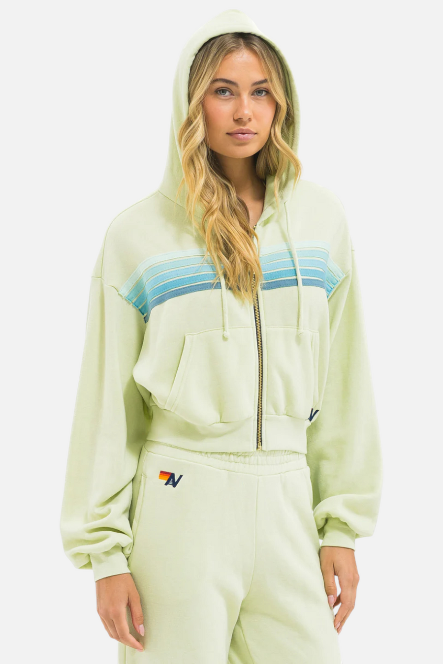 Aviator Nation 5 Stripe Cropped Zip Hood in Lime Cream and Seafoam – back view