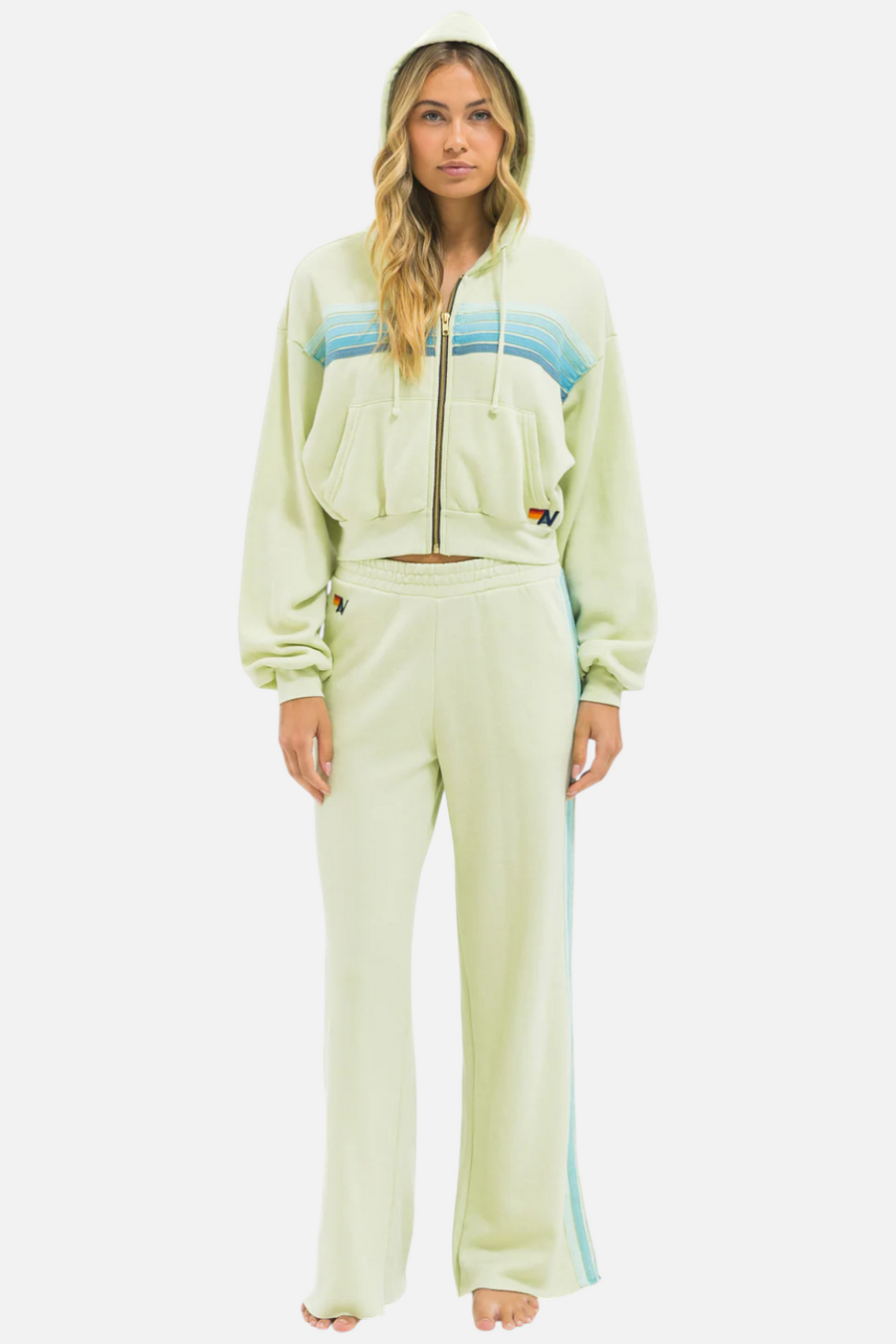 Aviator Nation 5 Stripe Cropped Zip Hood in Lime Cream and Seafoam – detail