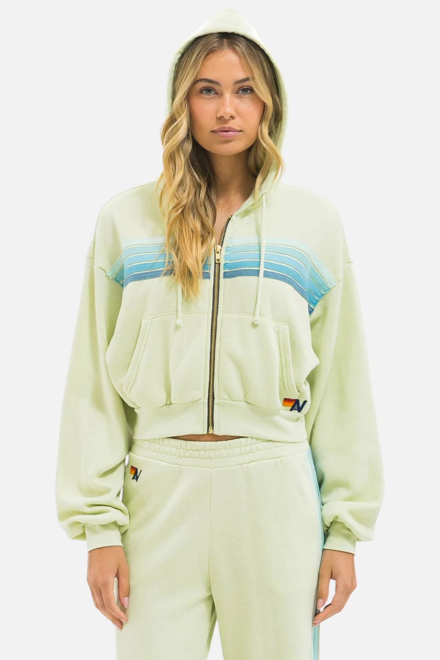 Aviator Nation 5 Stripe Cropped Zip Hood in Lime Cream and Seafoam – front view