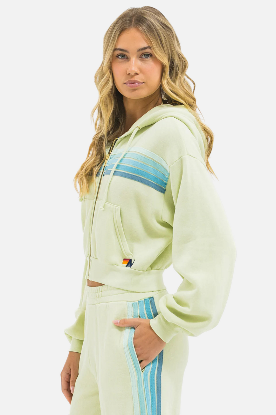 Aviator Nation 5 Stripe Cropped Zip Hood in Lime Cream and Seafoam – side view