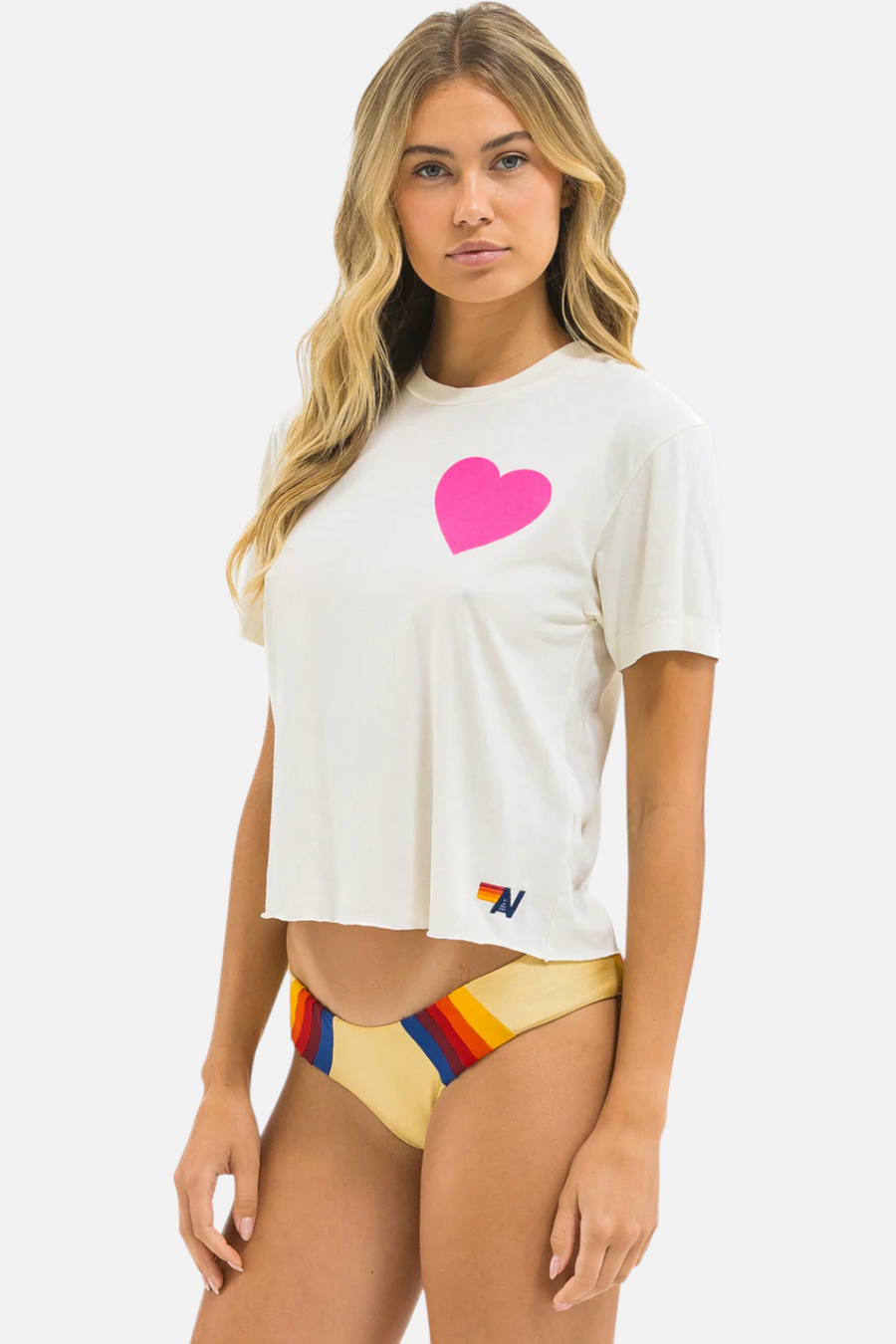 Aviator Nation Heart Print Boyfriend Tee in Vintage White and Neon Pink – back view
