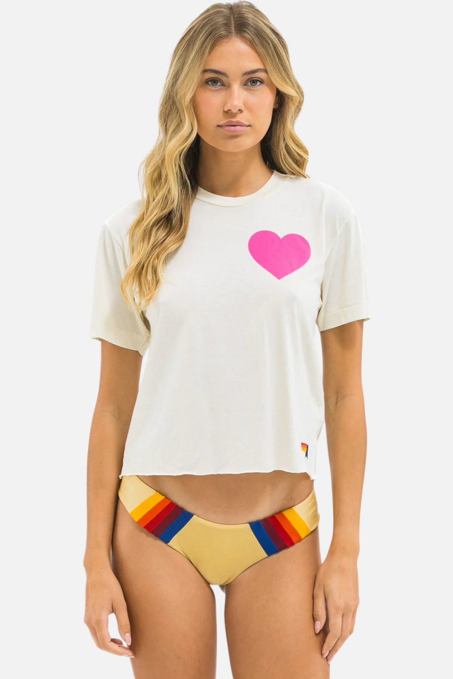 Aviator Nation Heart Print Boyfriend Tee in Vintage White and Neon Pink – front view