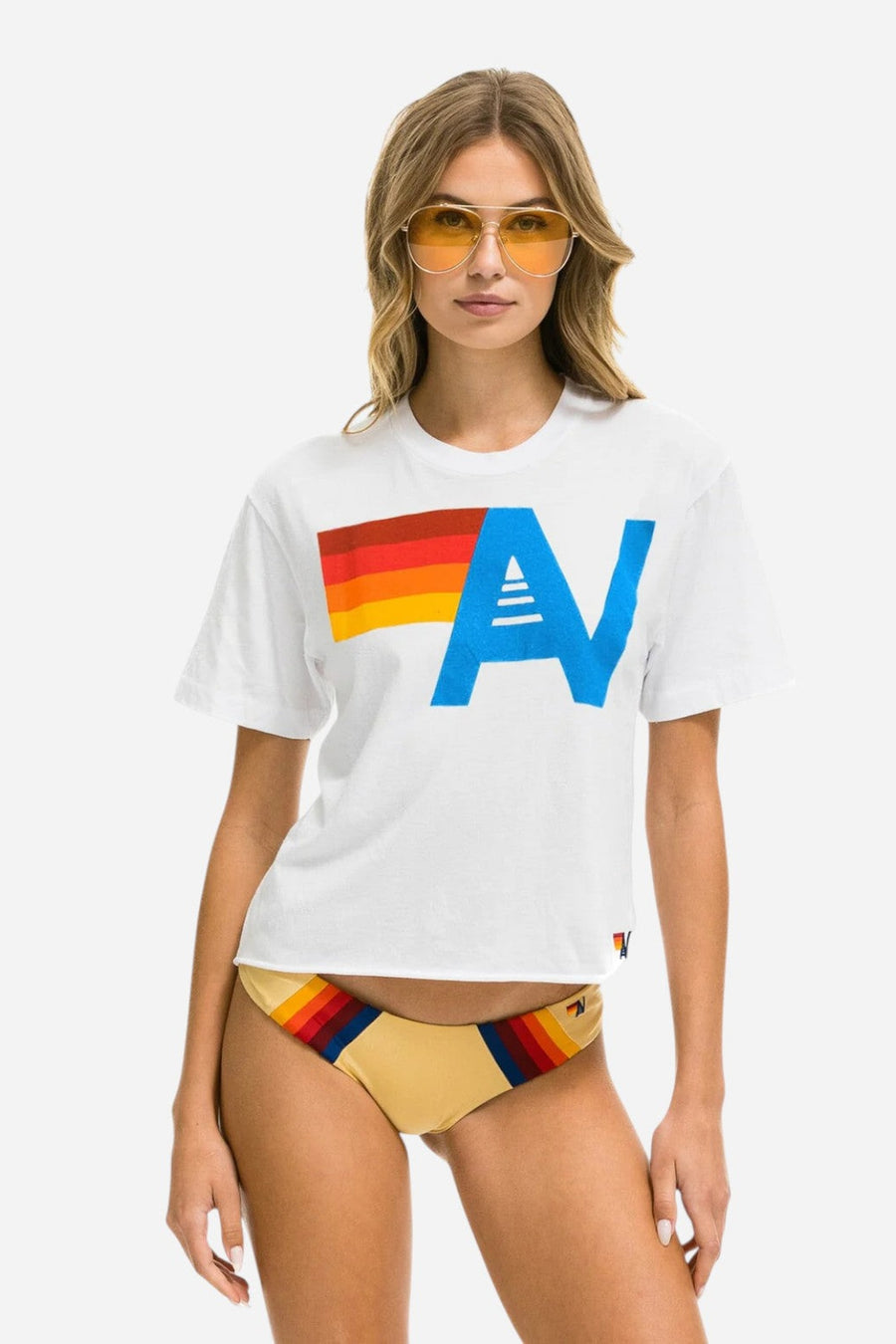 Aviator Nation Logo Boyfriend Tee in White – on model