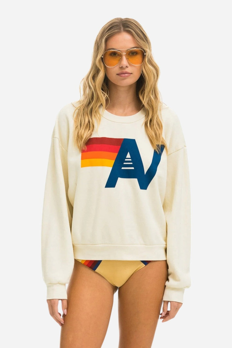 Aviator Nation Logo Relaxed Crew Sweatshirt in Vintage White – on model