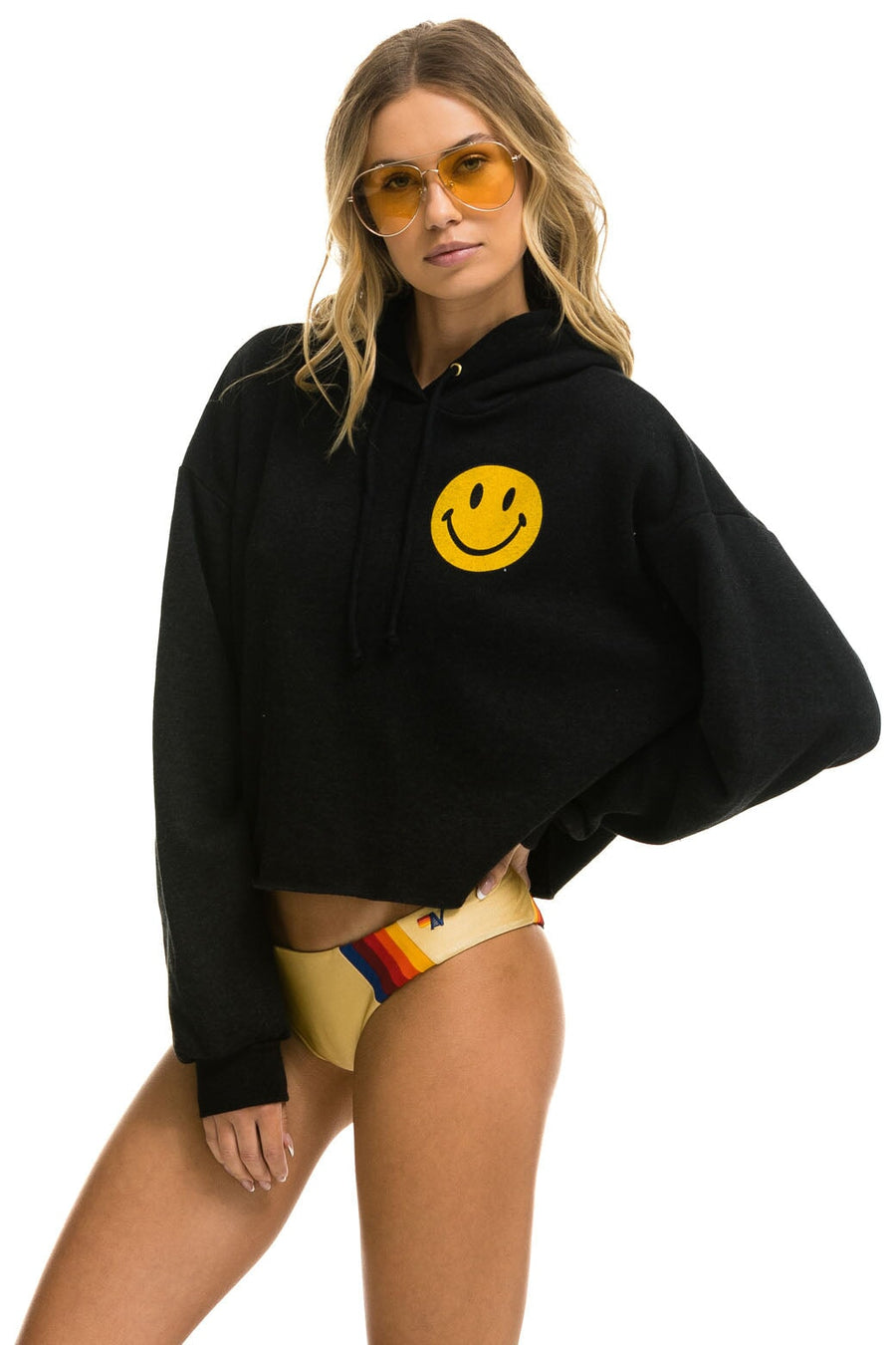 Aviator Nation Smiley 2 Relax Cropped Pullover Hoodie in Black – back view