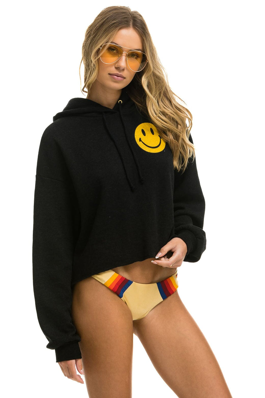 Aviator Nation Smiley 2 Relax Cropped Pullover Hoodie in Black – detail