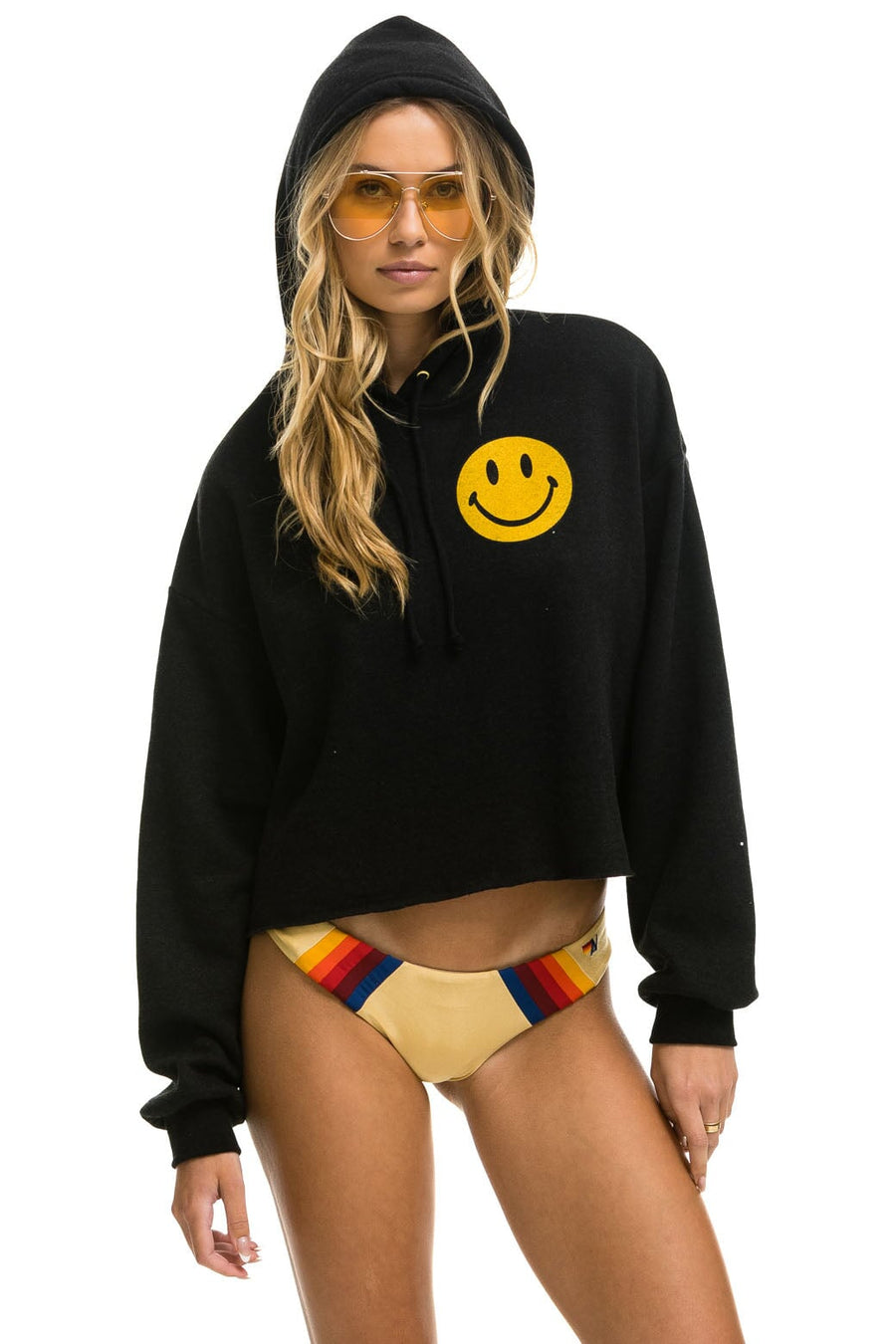 Aviator Nation Smiley 2 Relax Cropped Pullover Hoodie in Black – flat lay
