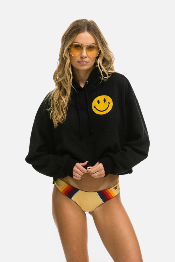 Aviator Nation Smiley 2 Relax Cropped Pullover Hoodie in Black