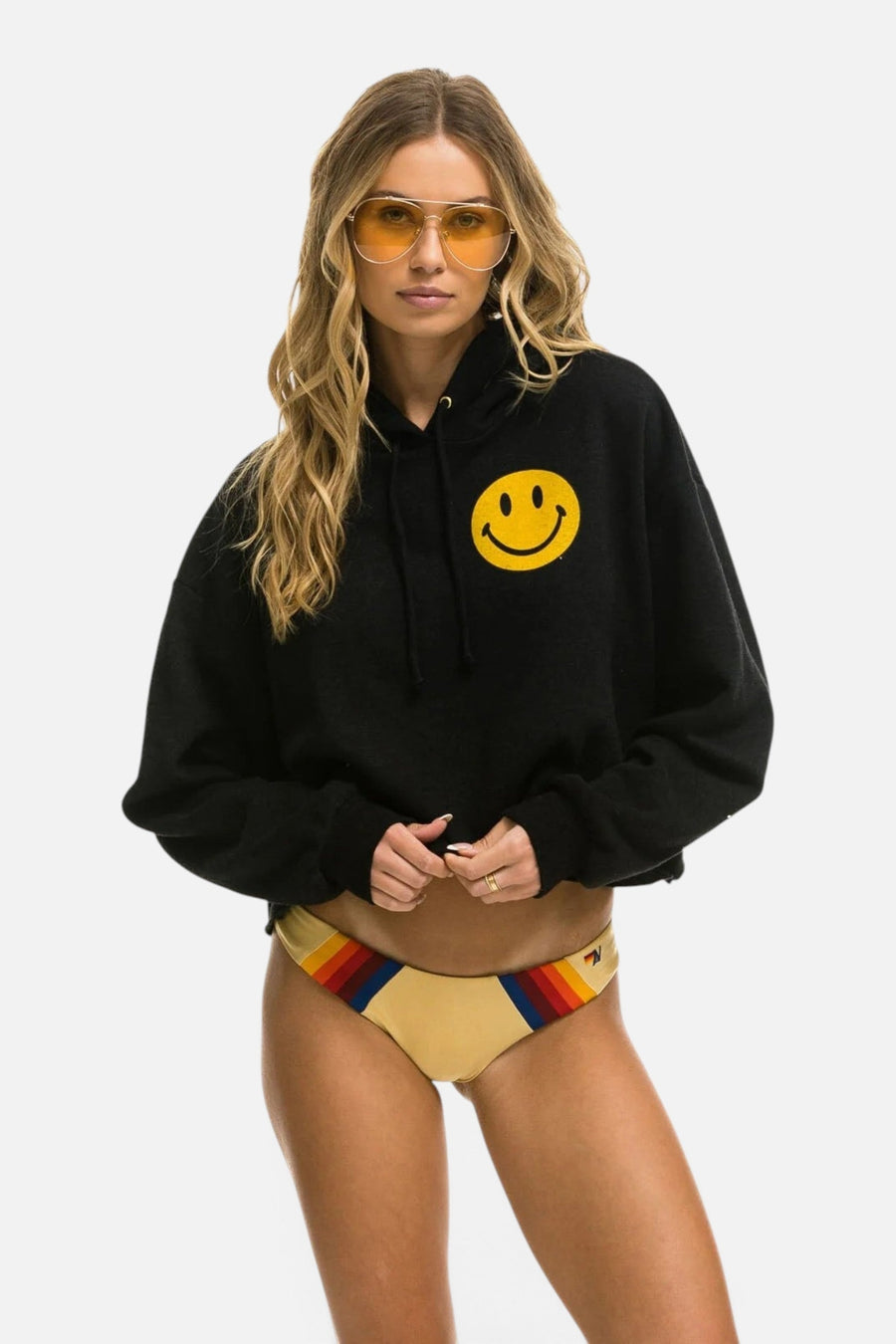 Aviator Nation Smiley 2 Relax Cropped Pullover Hoodie in Black – on model