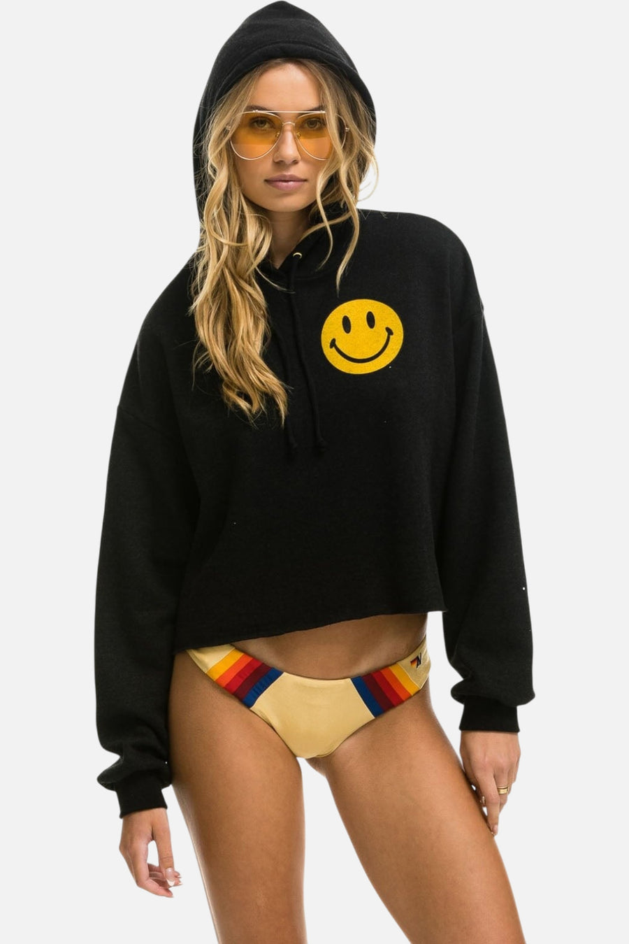Aviator Nation Smiley 2 Relax Cropped Pullover Hoodie in Black – on model