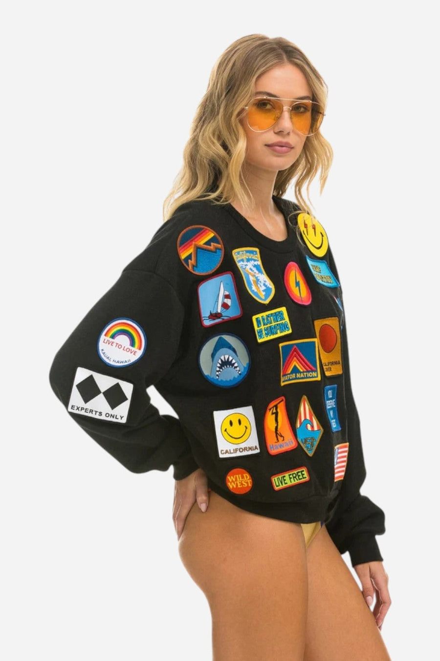 Aviator Nation Vintage Patch Crew Sweatshirt in Black – on model