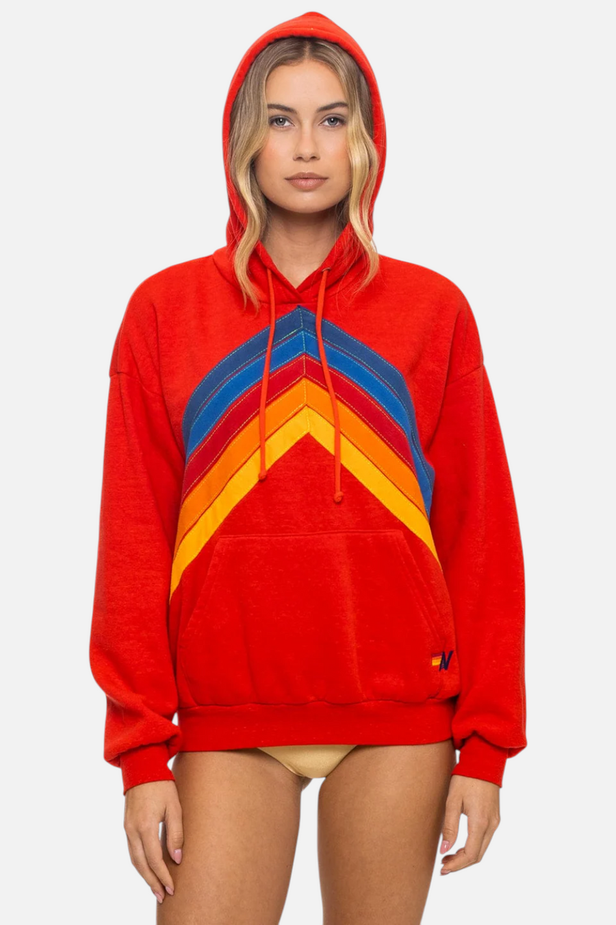 Aviator Nation Women's Mountain Stitch Chevron Pullover Hoodie in Red – front view