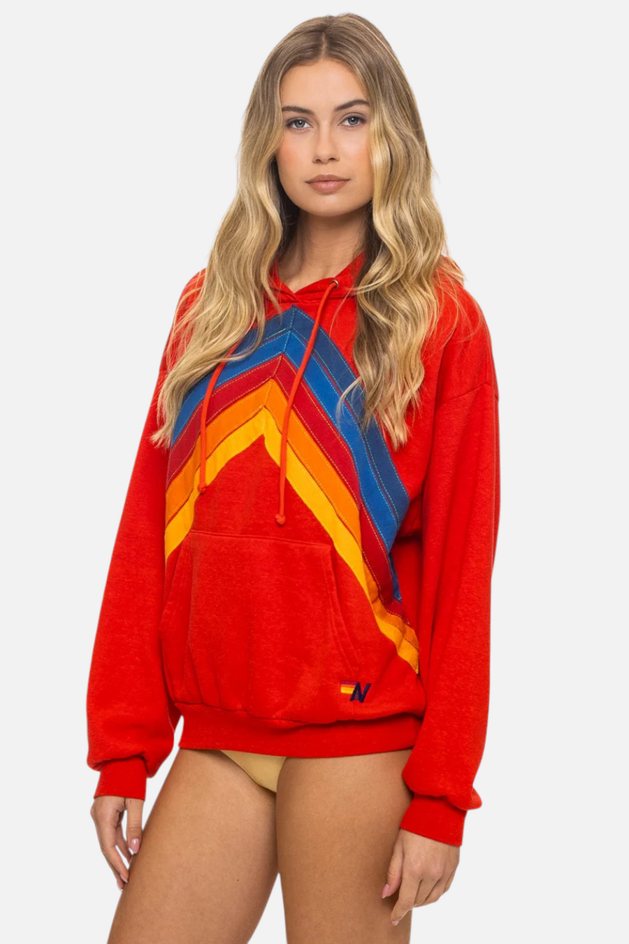 Aviator Nation Women's Mountain Stitch Chevron Pullover Hoodie in Red – side view