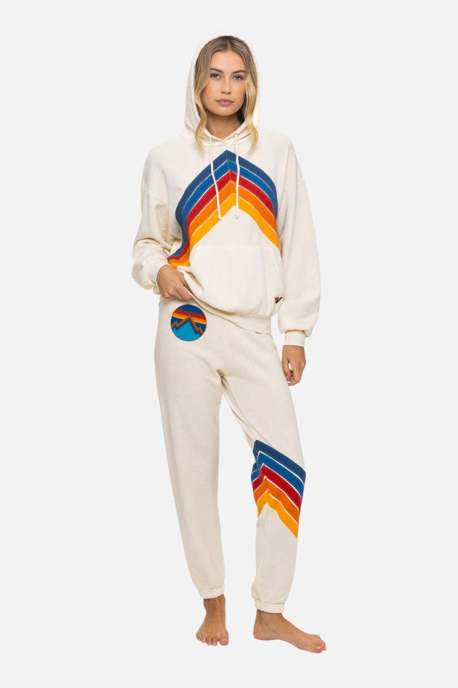 Aviator Nation Women's Mountain Stitch Chevron Pullover in Vintage White – on model