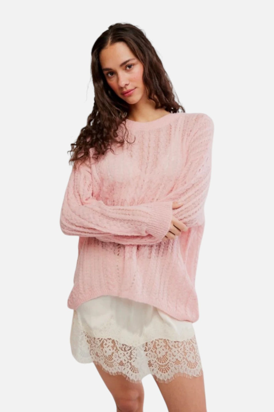 Free People Sheer Luck cable knit sweater in Peach Skin, front view