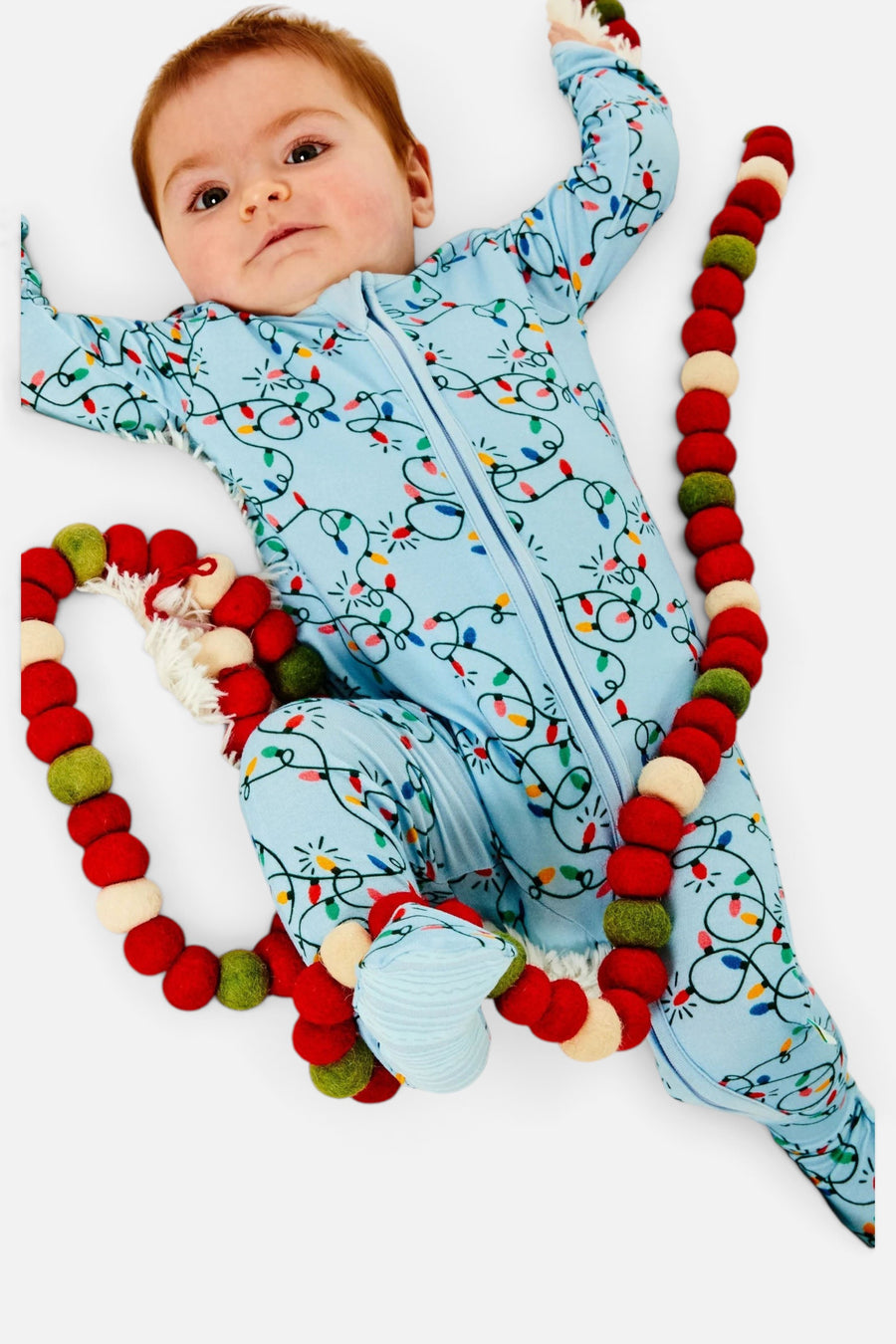 Baby Christmas Lights Zipper Footie – on model