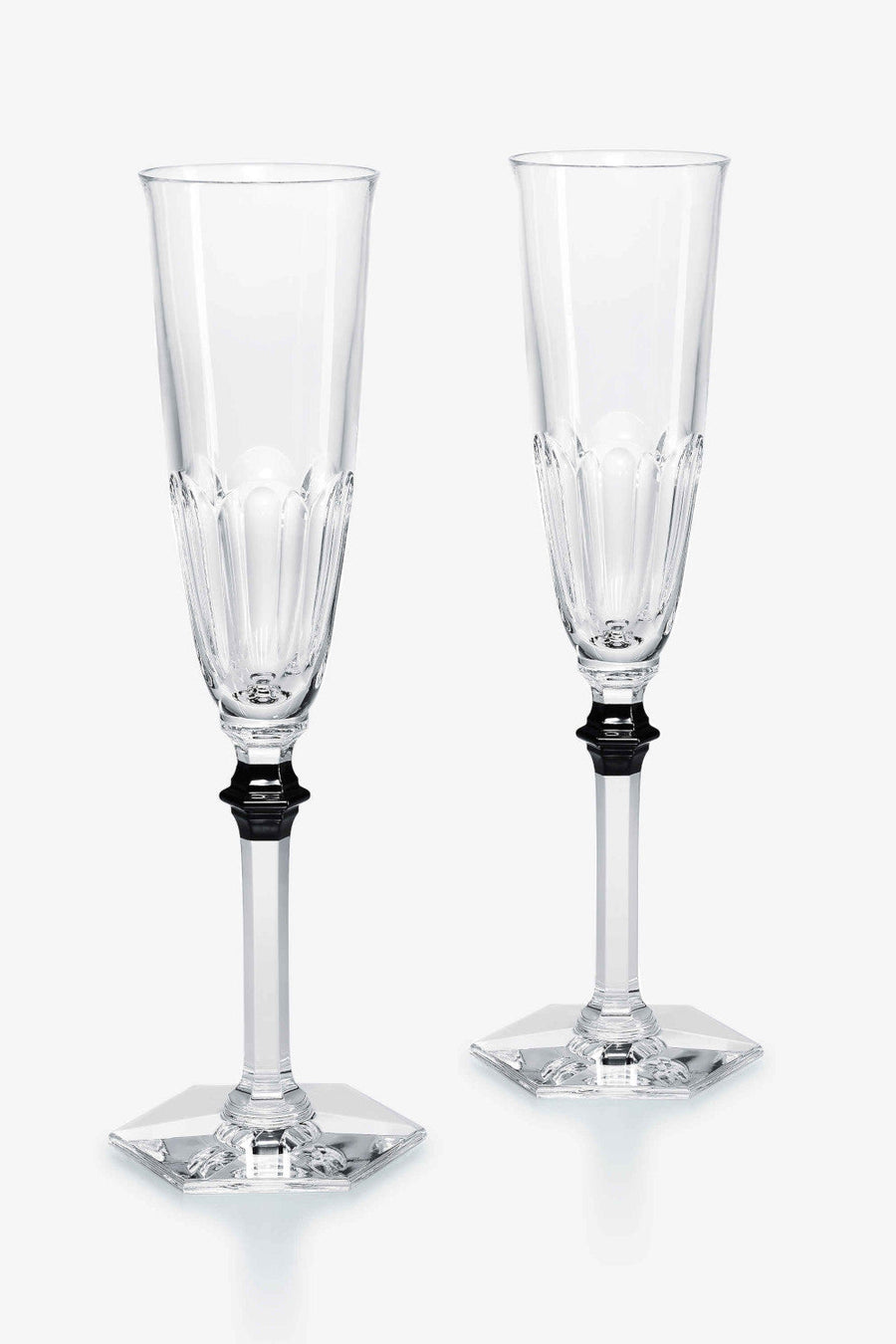 Baccarat Harcourt Eve Flutes with Black Knob, Set of 2 – front view