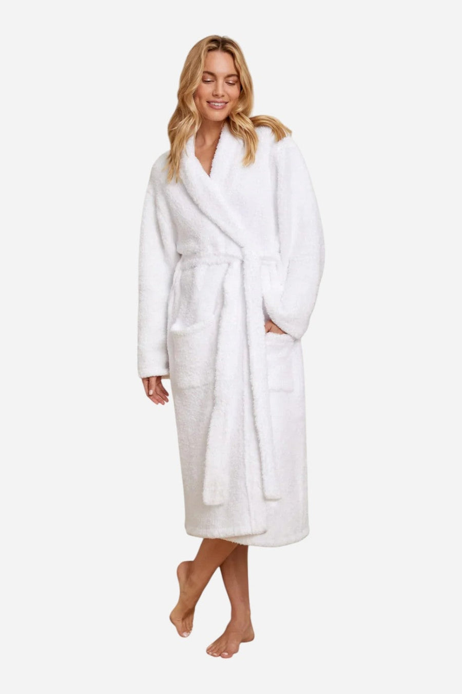 Barefoot Dreams CozyChic® Adult Robe in White – on model