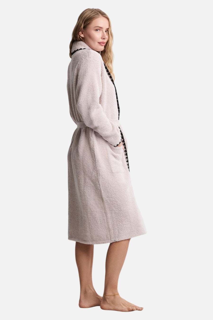 Barefoot Dreams CozyChic Blanket Stitch Robe in Stone – on model