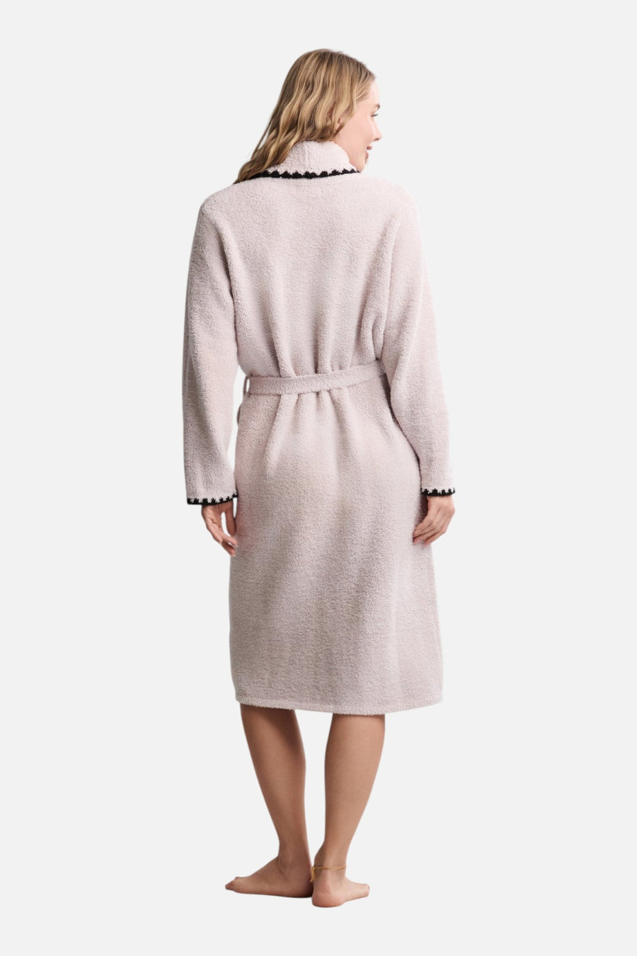 Barefoot Dreams CozyChic Blanket Stitch Robe in Stone – on model