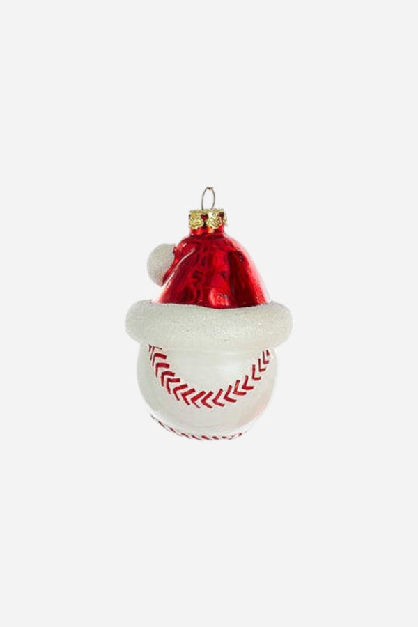 Baseball With Santa Hat Glass Ornament
