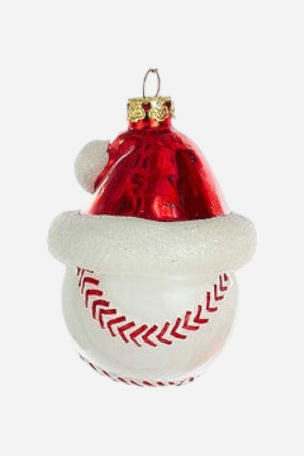 Baseball With Santa Hat Glass Ornament