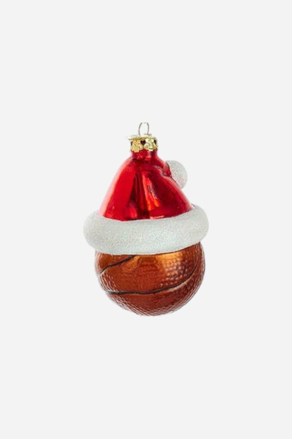 Basketball With Santa Hat Glass Ornament