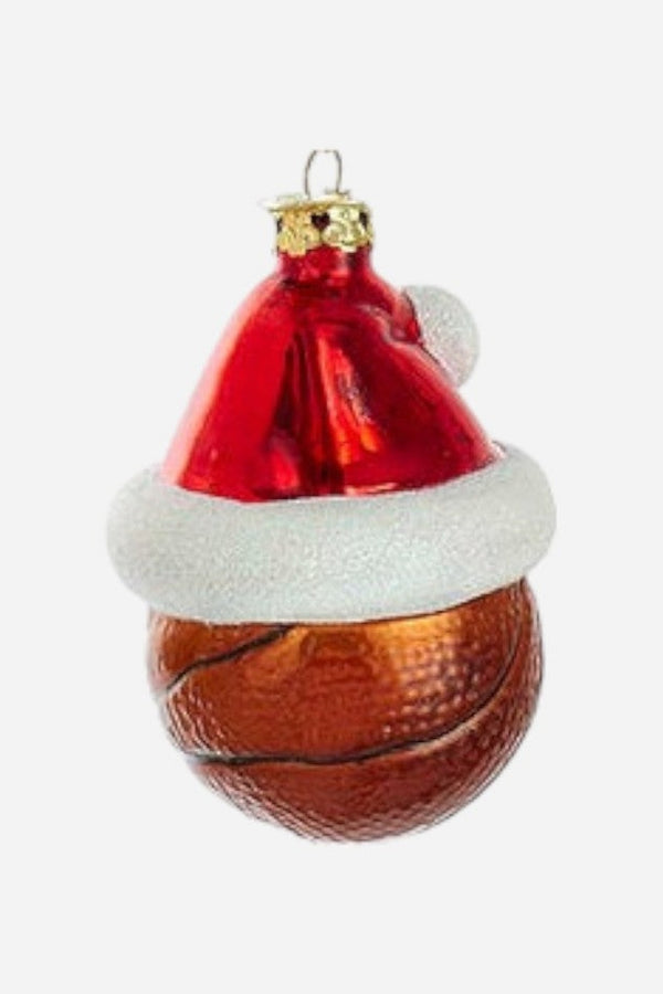 Basketball With Santa Hat Glass Ornament