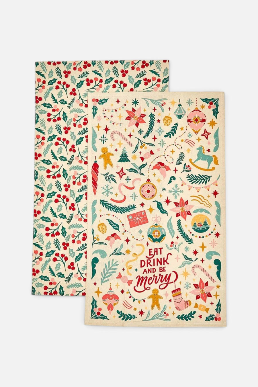 Be Merry Vintage Christmas Dish Towels - Set of 2 – front view