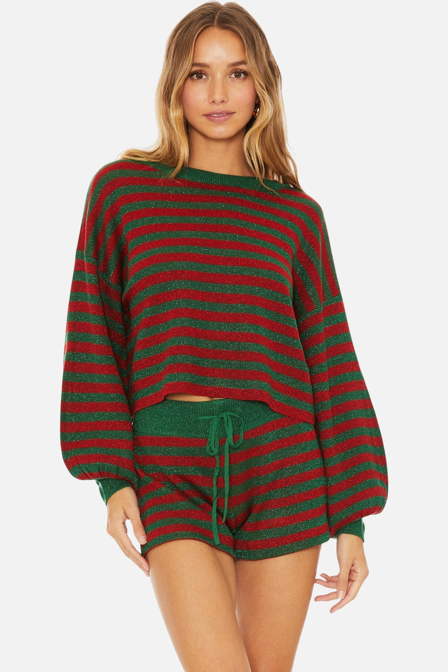 Beach Riot Ava Sweater in Holiday Glitter Stripe – on model