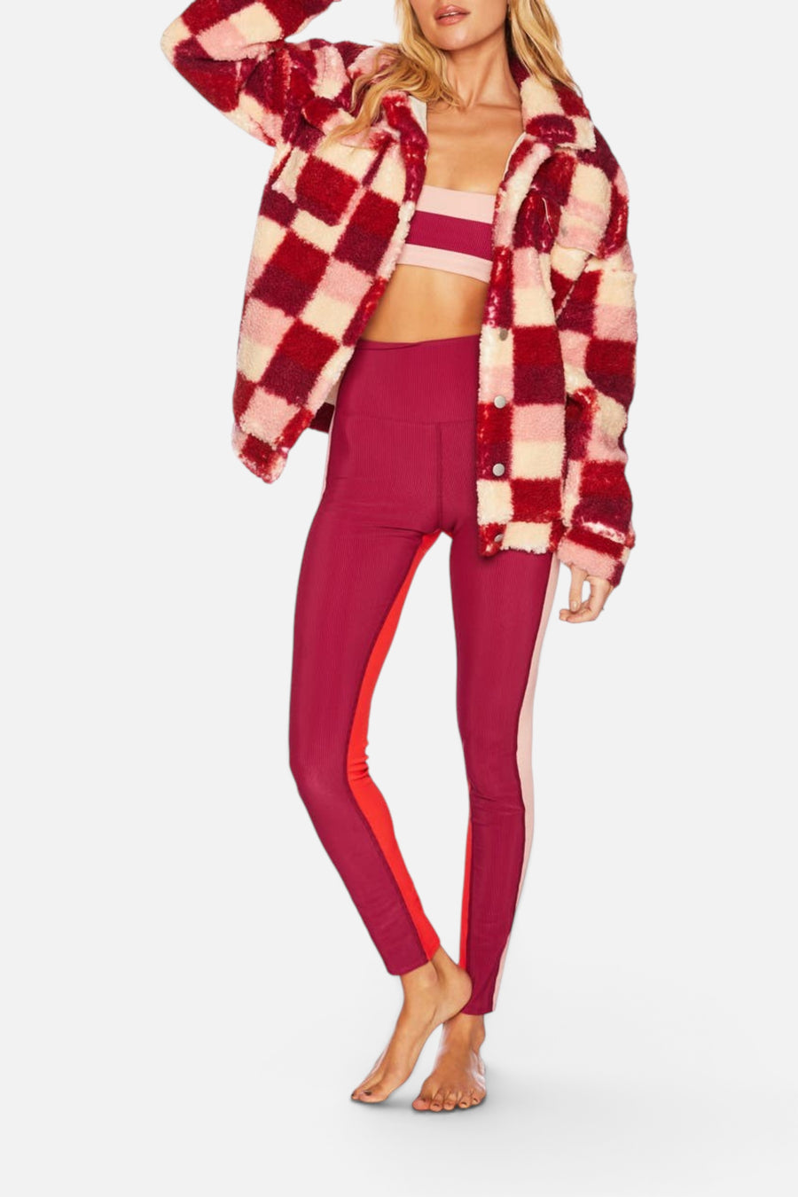 Beach Riot Laurie Jacket in Sangria Check – flat lay