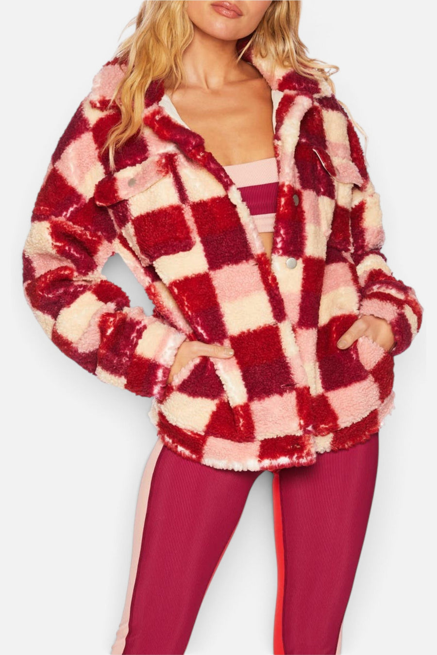 Beach Riot Laurie Jacket in Sangria Check – side view