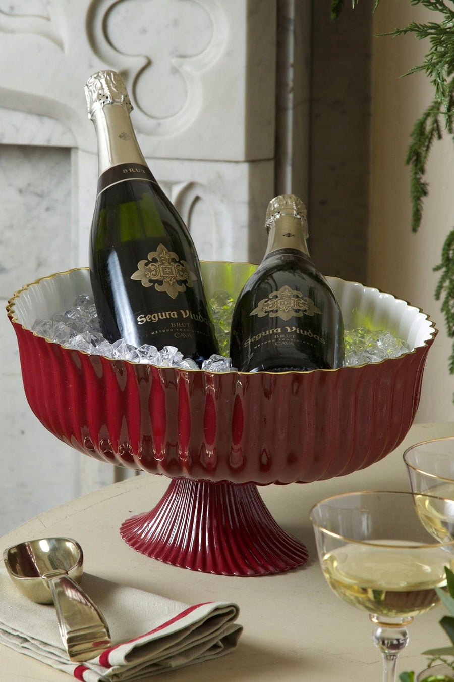 Beatriz Ball Encanto Vienna Large Centerpiece Punch Bowl in Bordeaux and White – side view