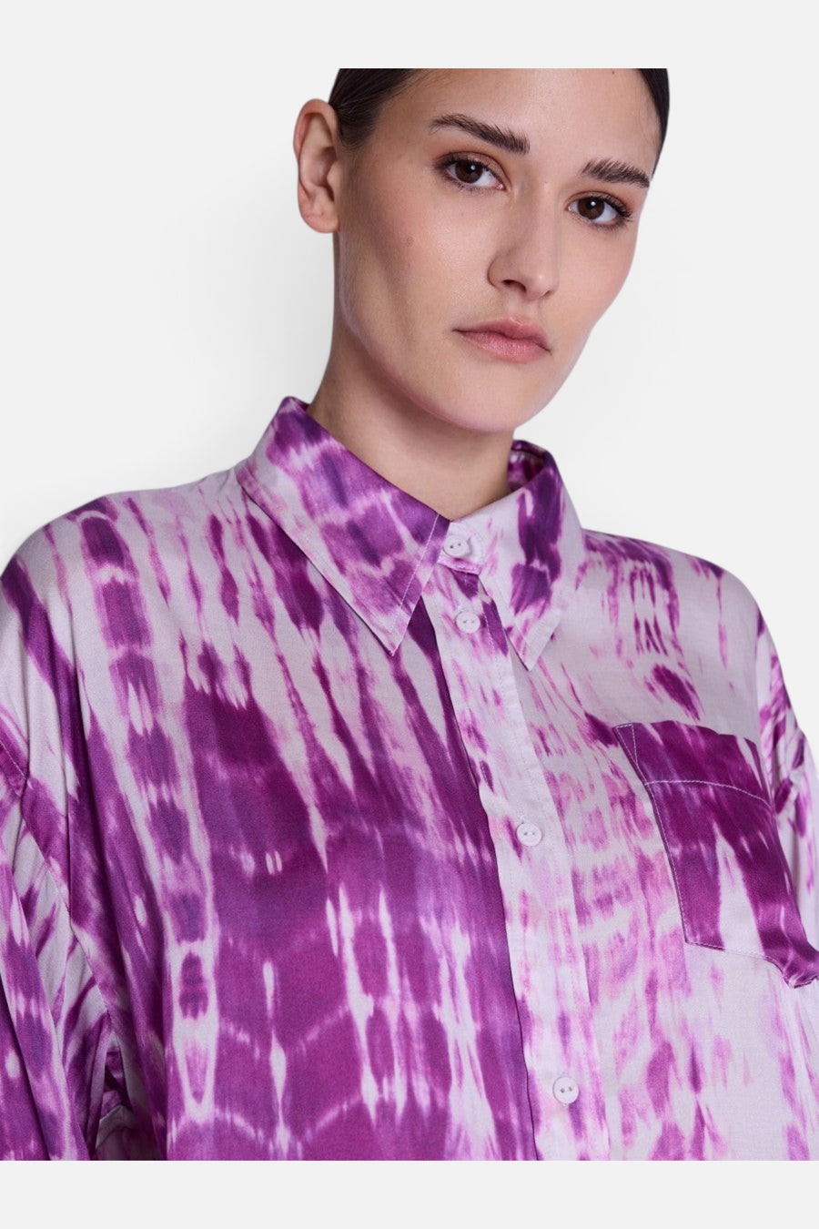 Berenice Circe Satin Long Sleeve Shirt in Mosaic Purple – back view