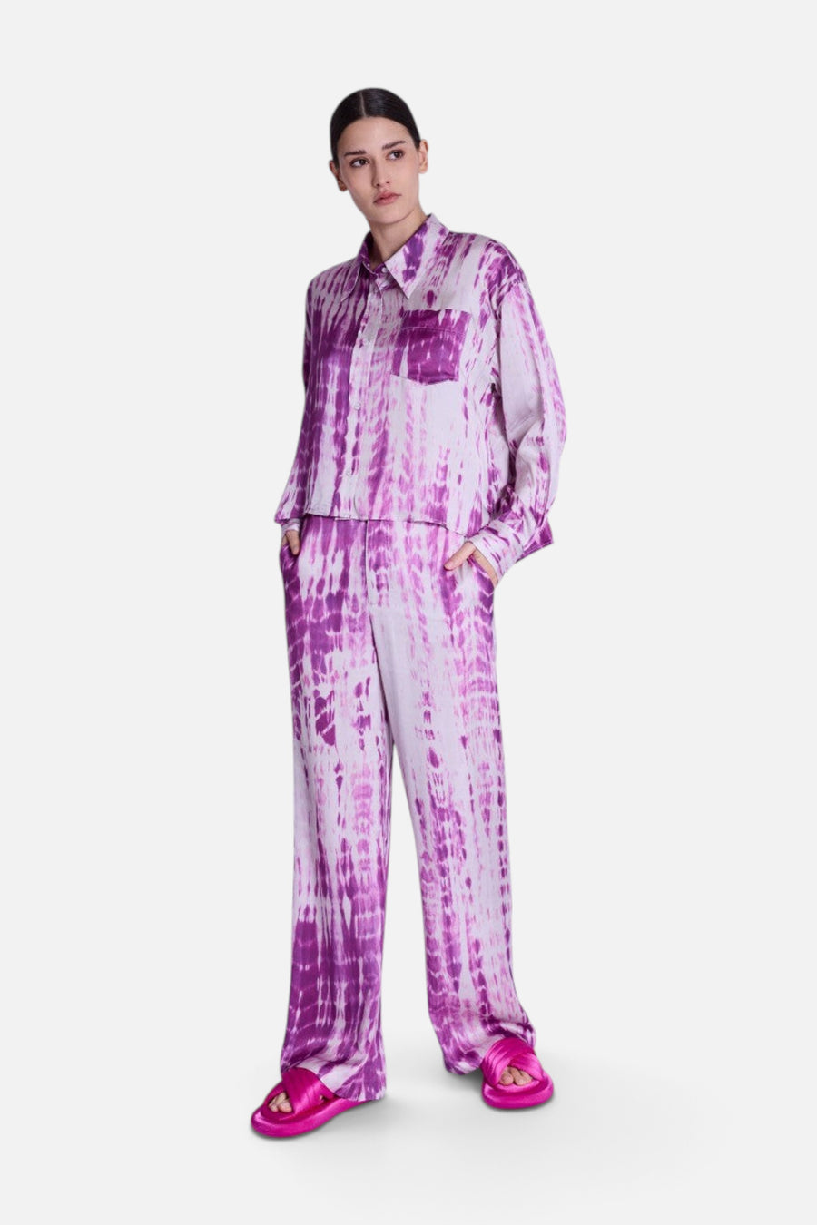 Berenice Circe Satin Long Sleeve Shirt in Mosaic Purple – flat lay