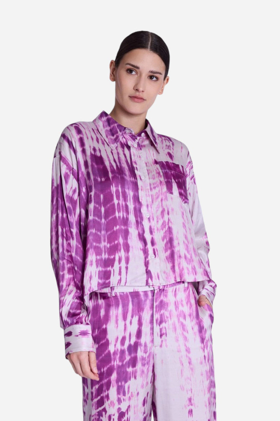 Berenice Circe Satin Long Sleeve Shirt in Mosaic Purple – front view