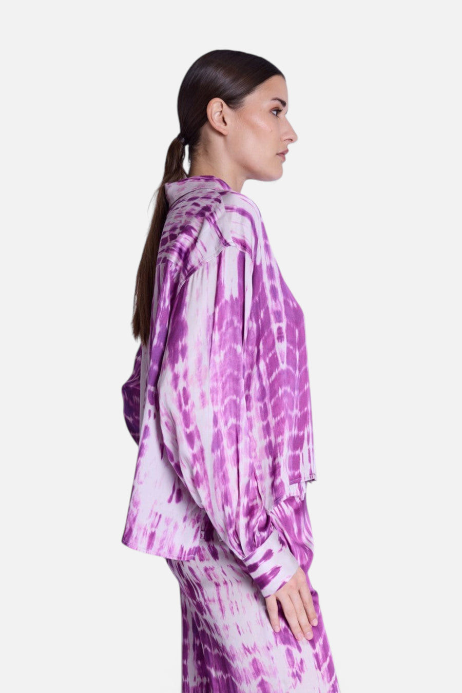 Berenice Circe Satin Long Sleeve Shirt in Mosaic Purple – side view