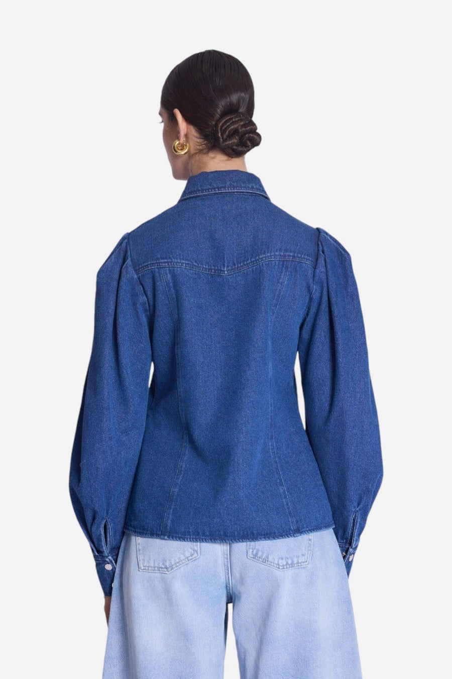 Bernice Clov Denim Bow Collar Shirt – flat lay