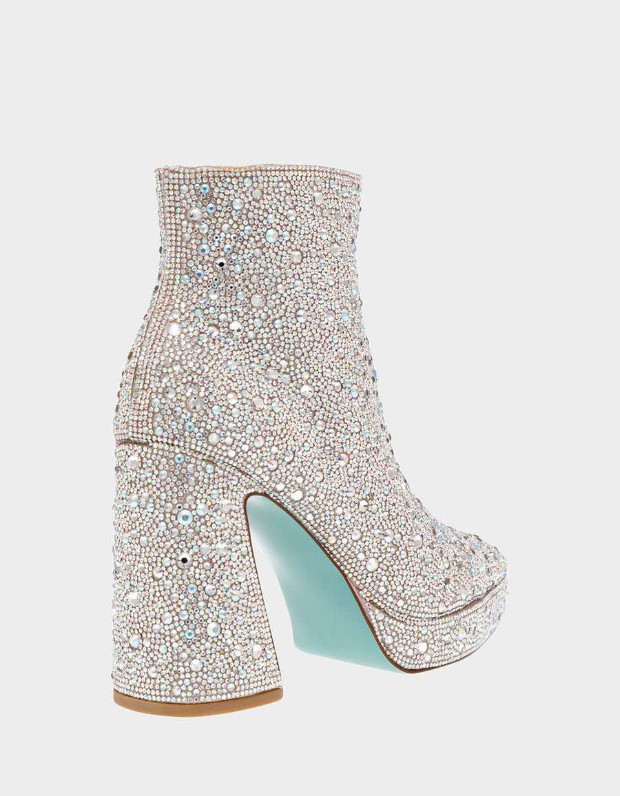 Betsey Johnson Della Booties in Rhinestones – flat lay