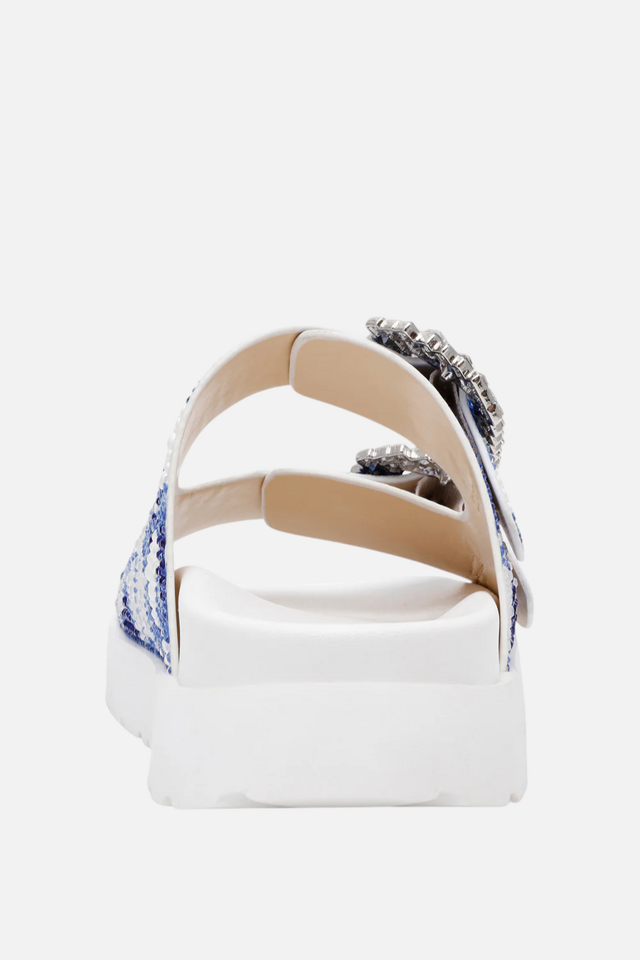 Betsey Johnson Matie Floral Sandal in White and Blue – flat lay