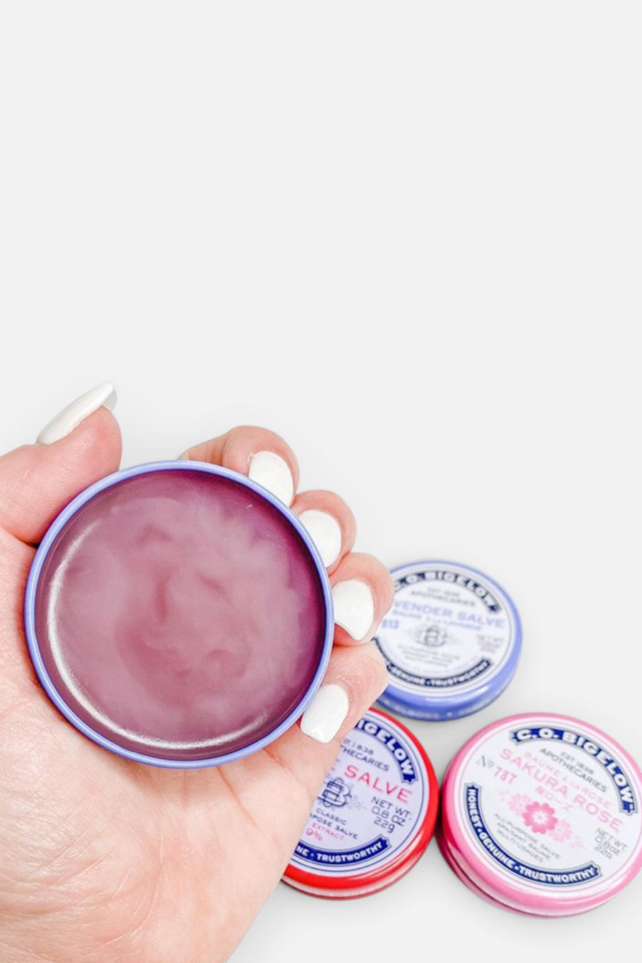 Bigelow Assorted Salve Trio Box (Rose, Lavender, Sakura Rose) – side view