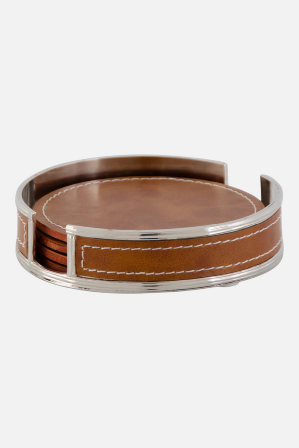 Brown Leather Coasters Set of 4 W Silver