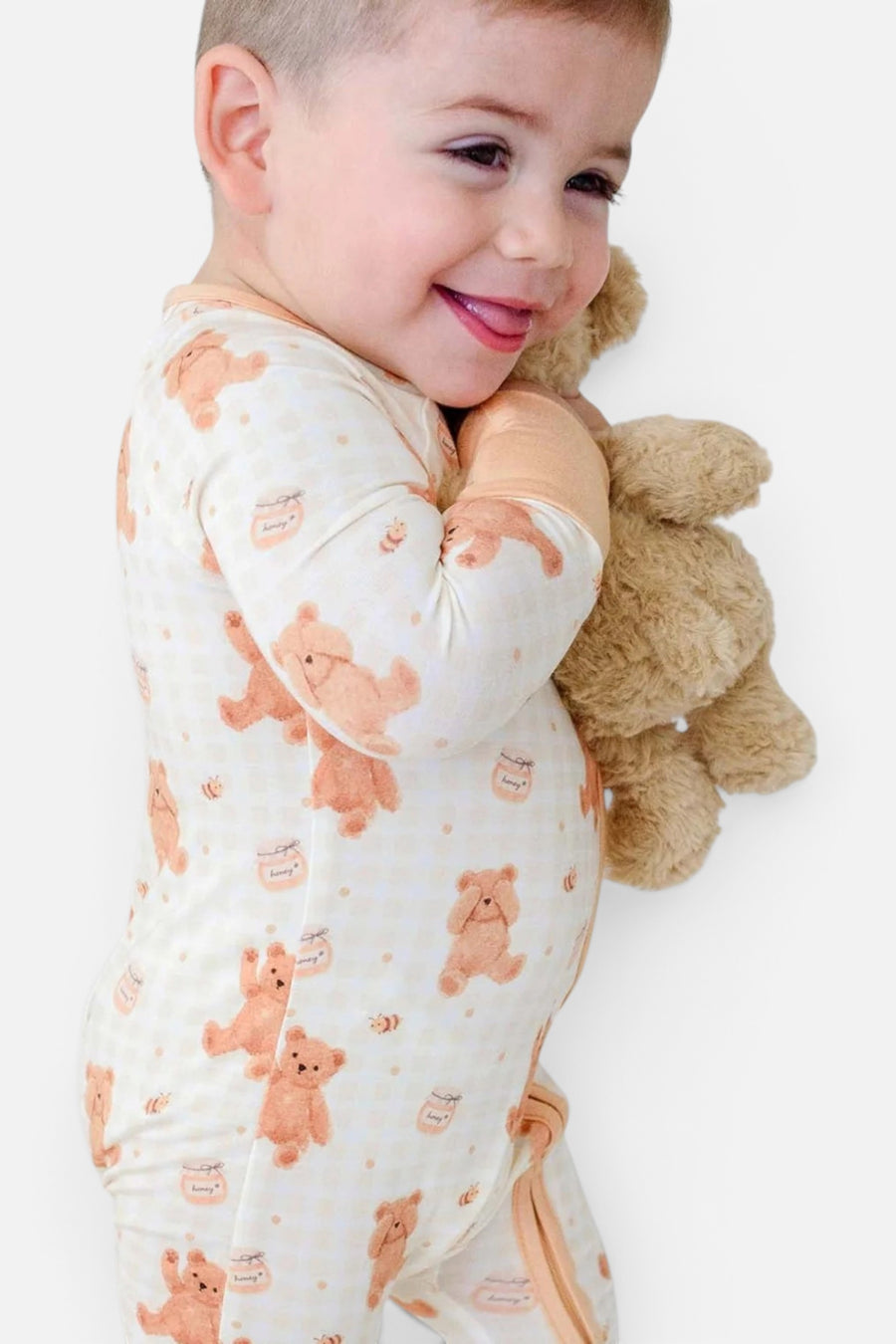 Caden Lane Convertible Bamboo Zip Romper in Honey Bear – back view
