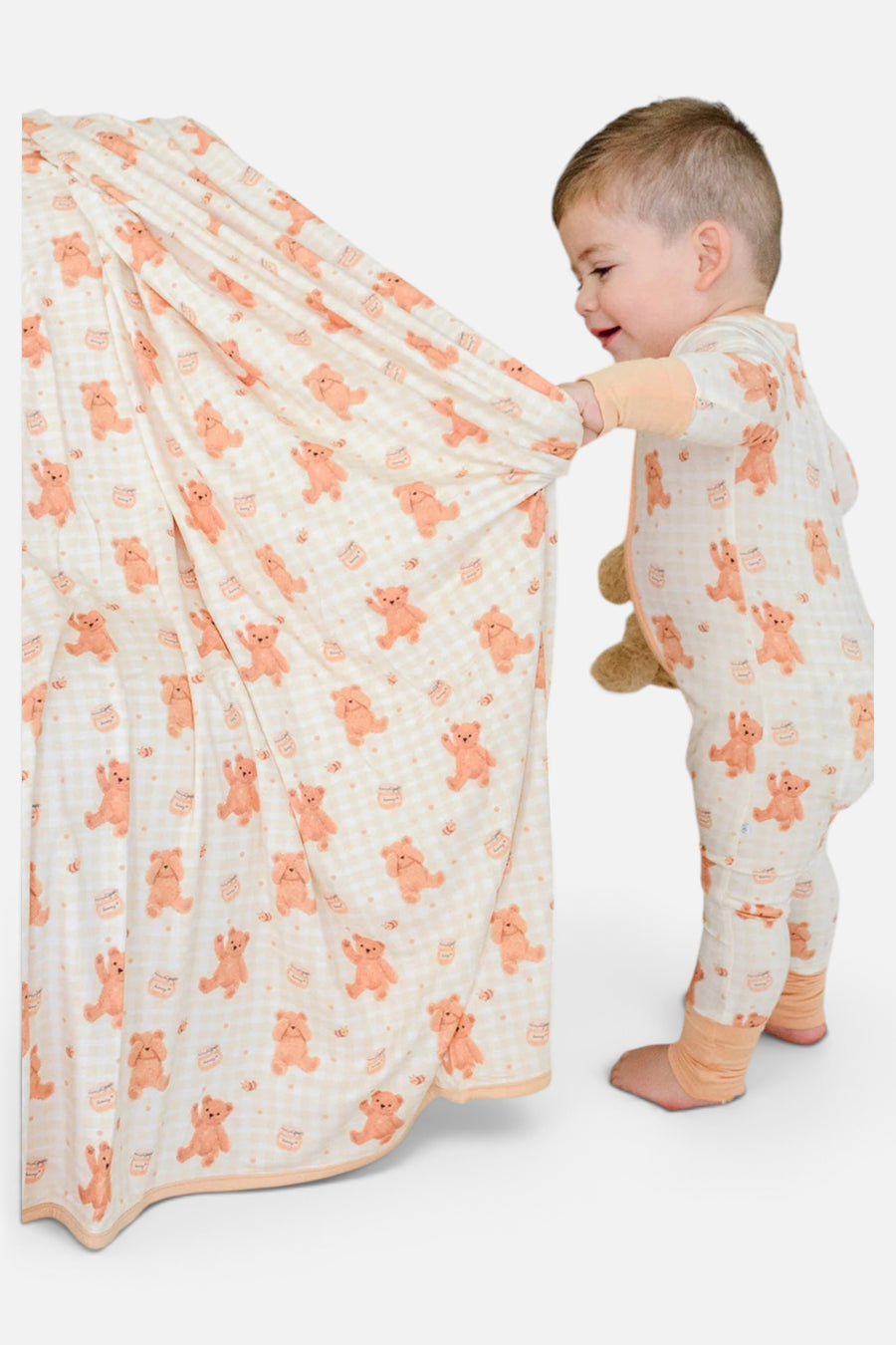 Caden Lane Convertible Bamboo Zip Romper in Honey Bear – detail