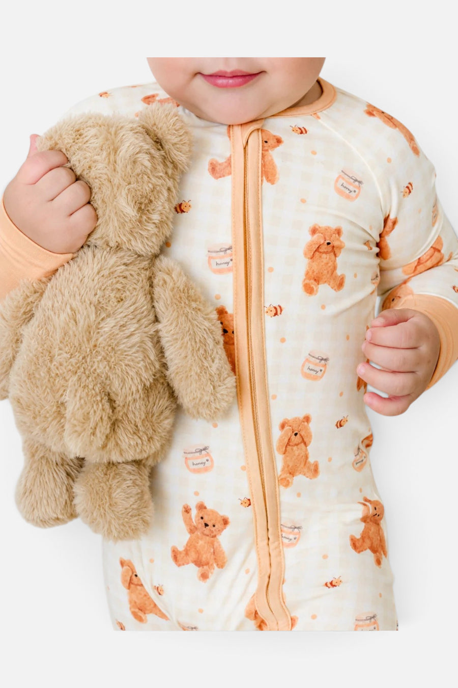 Caden Lane Convertible Bamboo Zip Romper in Honey Bear – front view