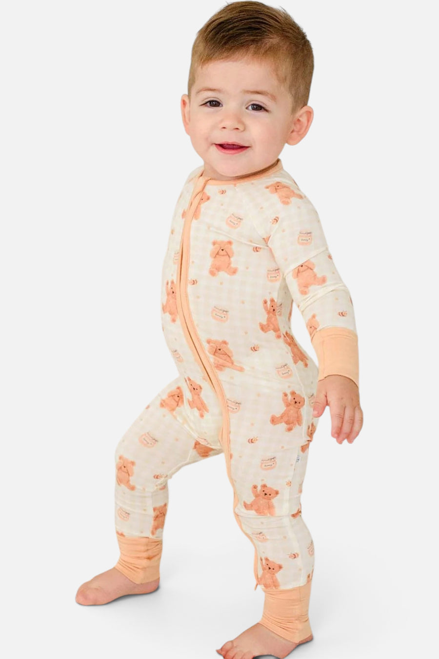 Caden Lane Convertible Bamboo Zip Romper in Honey Bear – side view