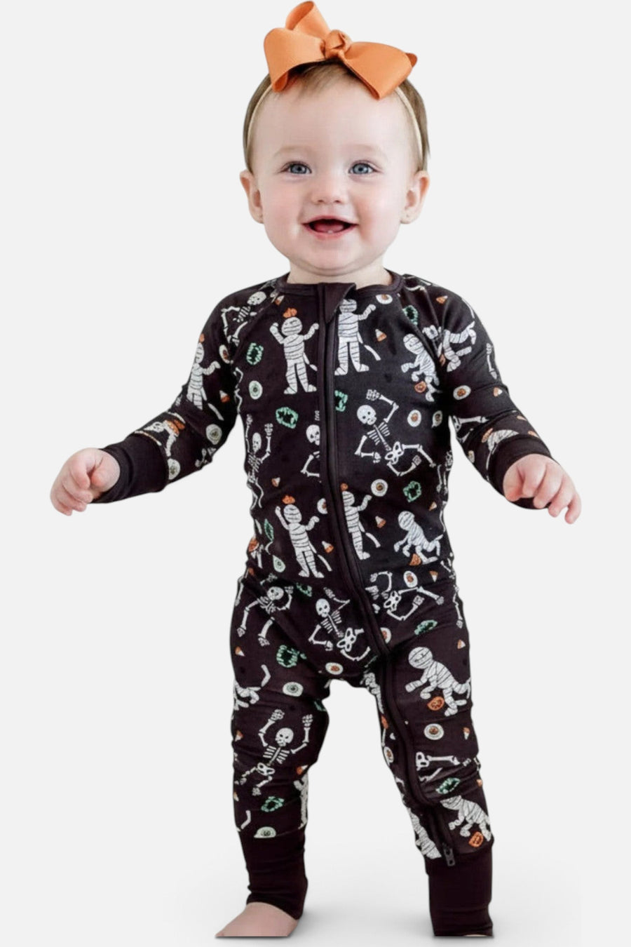 Caden Lane Halloween Glow-in-the-Dark Convertible Bamboo Zip Romper in Eye Want Candy – back view